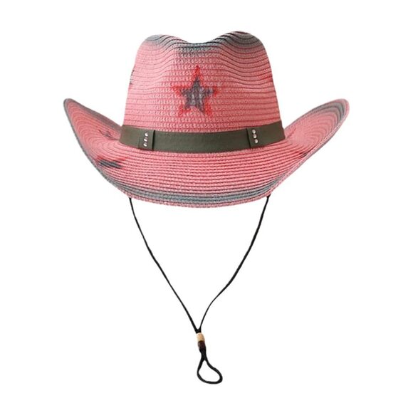 3413 Western Cowboy Hat, Pink Adjustable Straw Sun Hats,pentagram Wide Brim